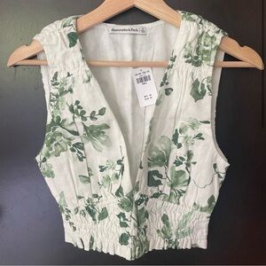Abercrombie & Fitch Wide Strap Linen Blend Green Floral Tank Top Size Small